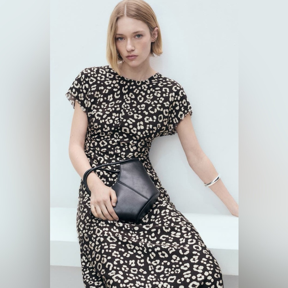 Mango Leopard Print Midi Dress Size 6 Medium Animal Cheetah Print Linen